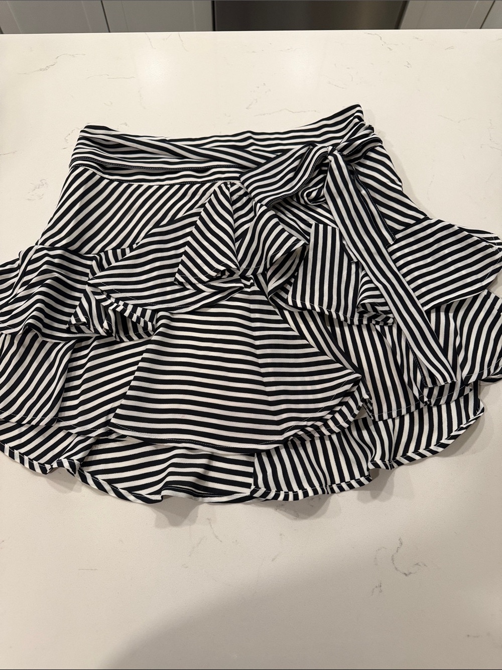 Express Black and White Striped Ruffle Tie-Waist Mini Skirt